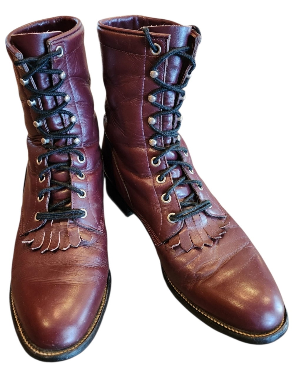 Vintage Justin Men's Size 10 Oxblood Roper Lace Up Removable Kiltie Fringe Boots